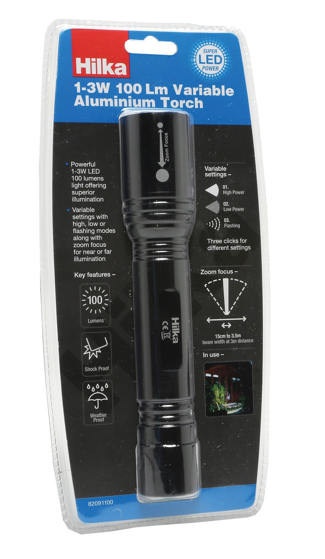 Hilka 1-3W 100 Lumens Variable Aluminium Torch 82091100