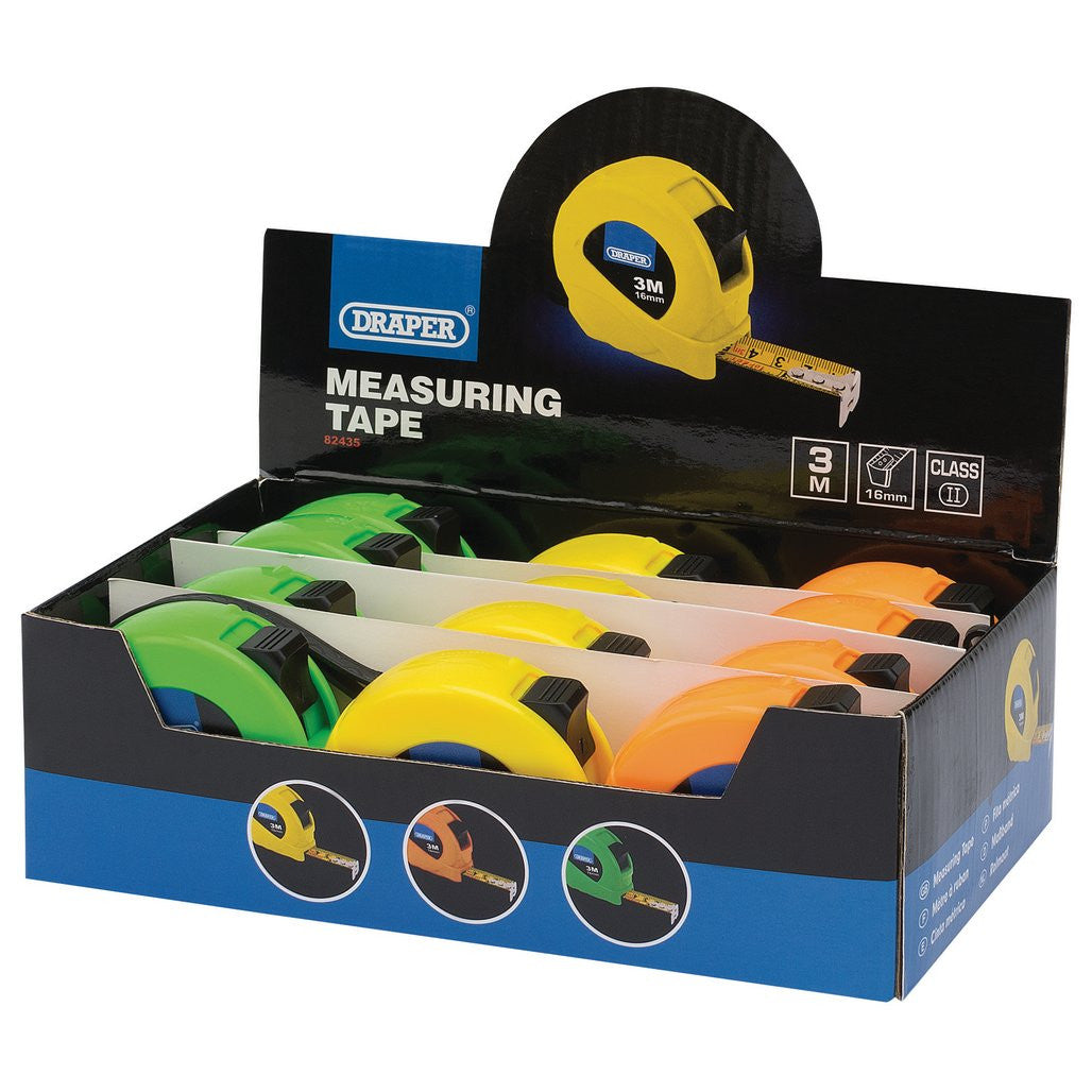 Draper Measuring Tapes, 3m/10ft x 16mm, 3 Colours (Dispenser of 12)  82435