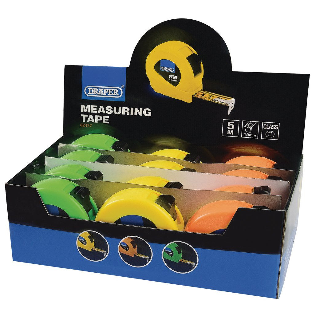 Draper Measuring Tapes, 5m/16ft x 19mm, 3 Colours (Dispenser of 12)  82437