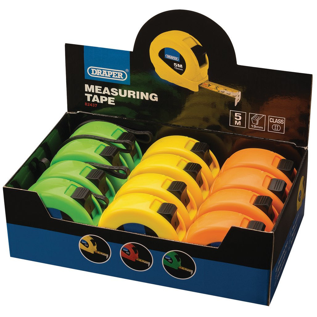Draper Measuring Tapes, 5m/16ft x 19mm, 3 Colours (Dispenser of 12)  82437