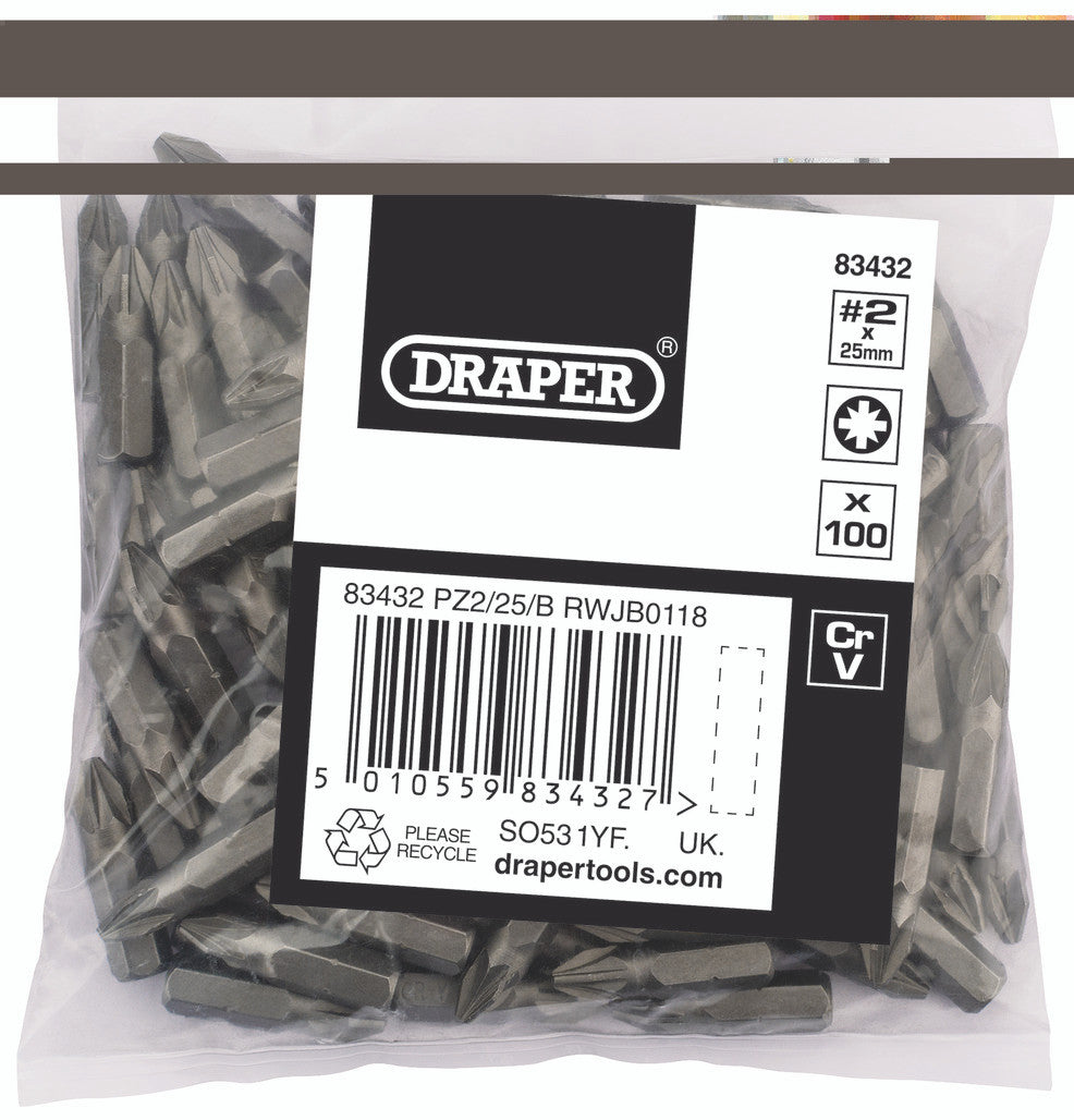 Draper PZ TYPE Insert Bits, 1/4", No.2 (Bag of 100)  83432