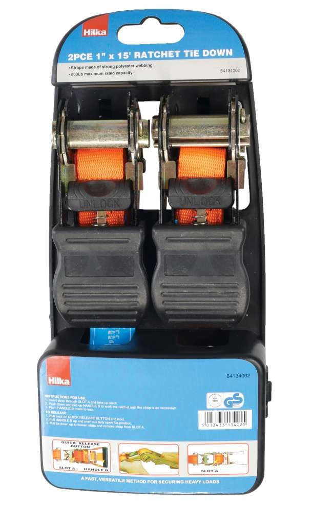Hilka 2 pce 25mm x 4.5m Ratchet Tie Downs 84134002