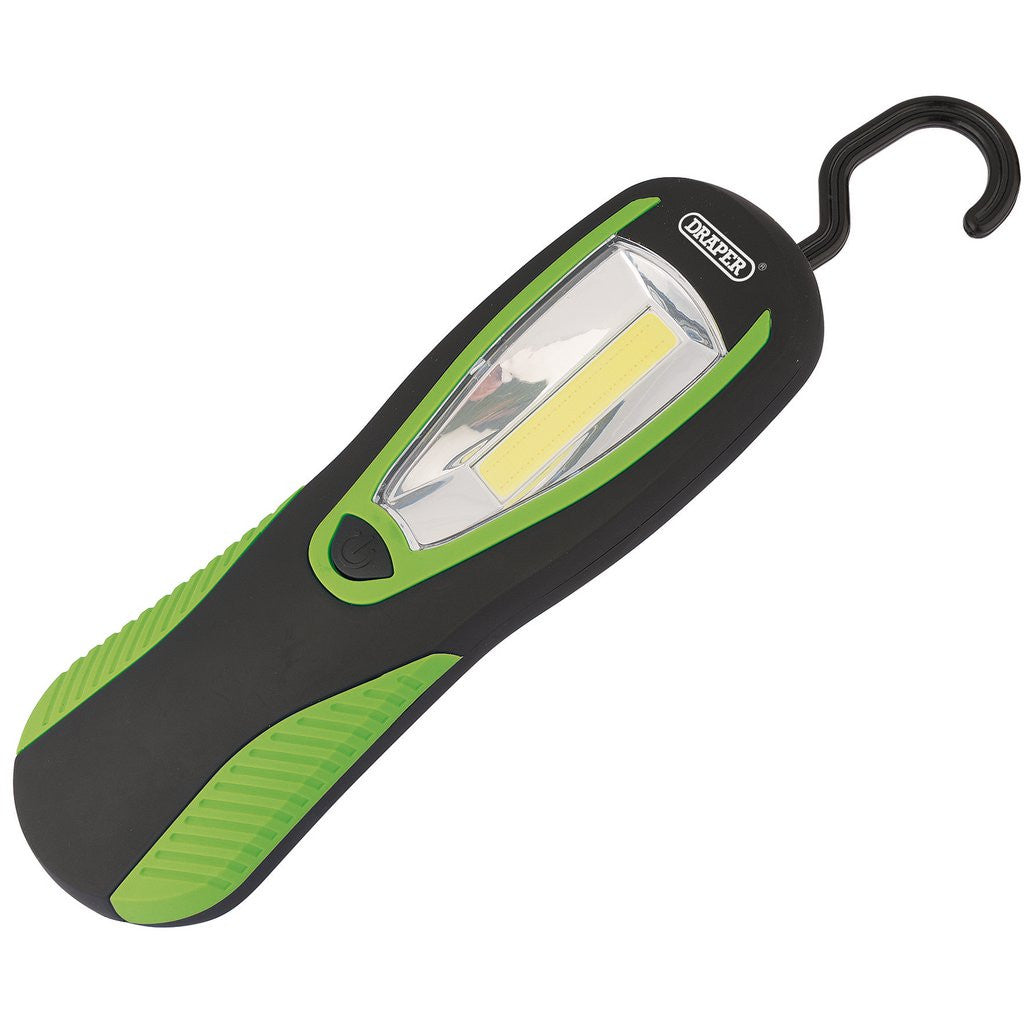 Draper COB LED Work Light with Magnetic Back and Hanging Hook, 3W, 200 Lumens, Green, 3 x AA Batteries Supplied