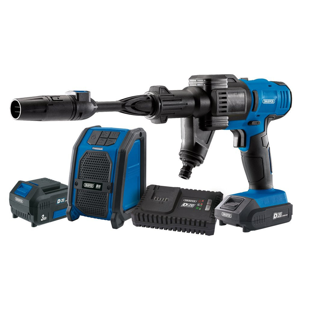 Draper D20 20V Pressure Washer, D20 20V Wireless Speaker, 1 x 2.0Ah, 1 x 3.0Ah, 1 x Fast Charger   94796