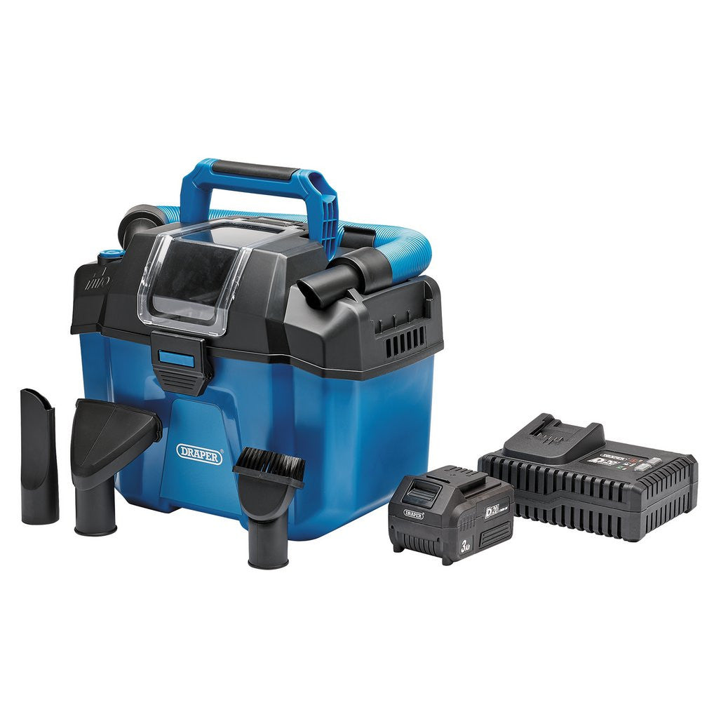 Draper D20 20V Wet and Dry Vacuum Cleaner, 1 x 3.0Ah Battery, 1 x Fast Charger