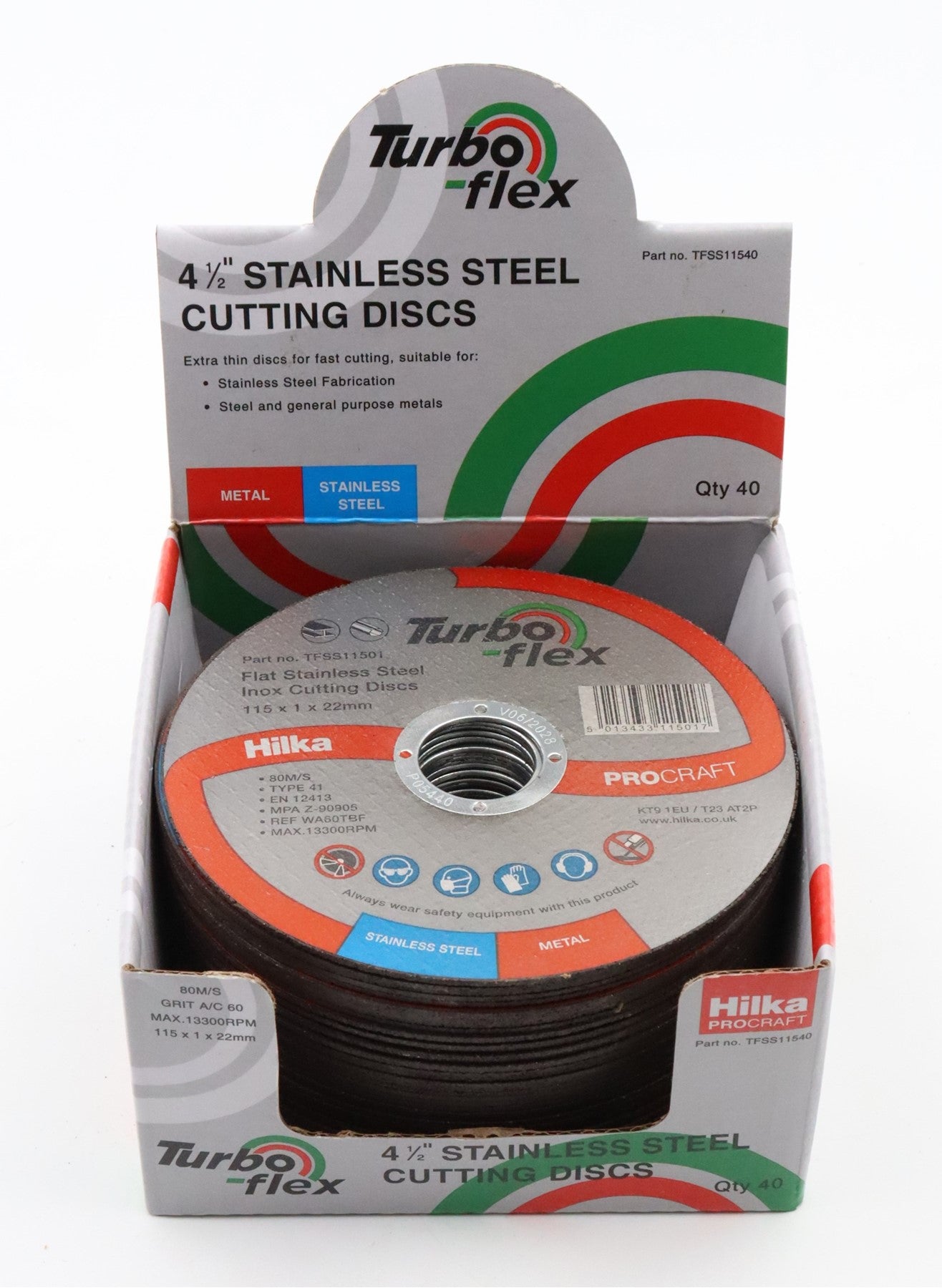 Hilka 115mm SS Cutting Disc Turbo Flex in 40 pce Display TFSS11501