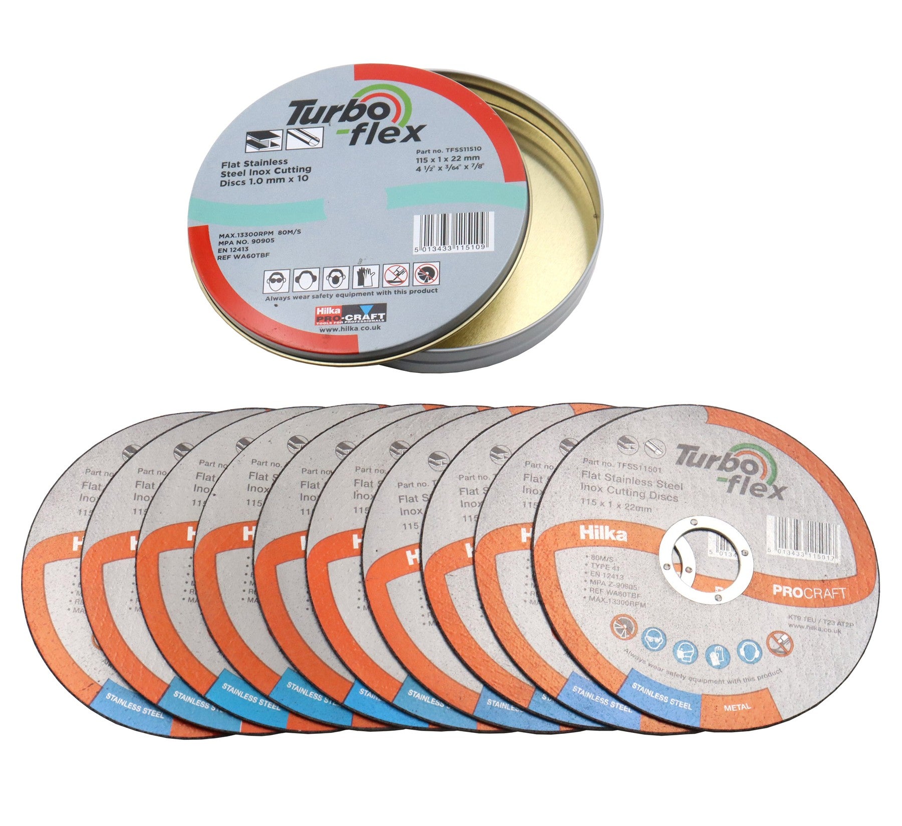 Hilka 10 x 115mm SS Cutting Disc Turbo Flex TFSS11510